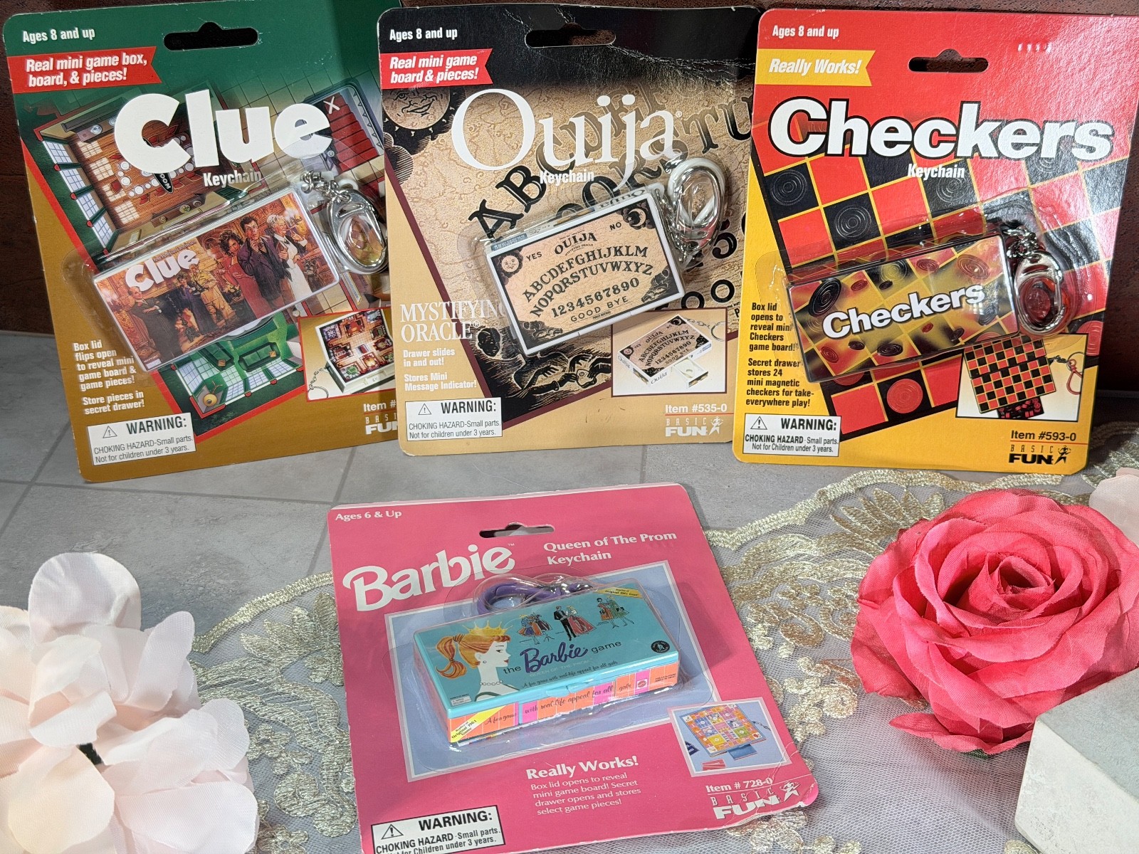 Vintage Basic Fun Mini Game Keychains Lot Barbie Clue Ouija Checkers Sealed