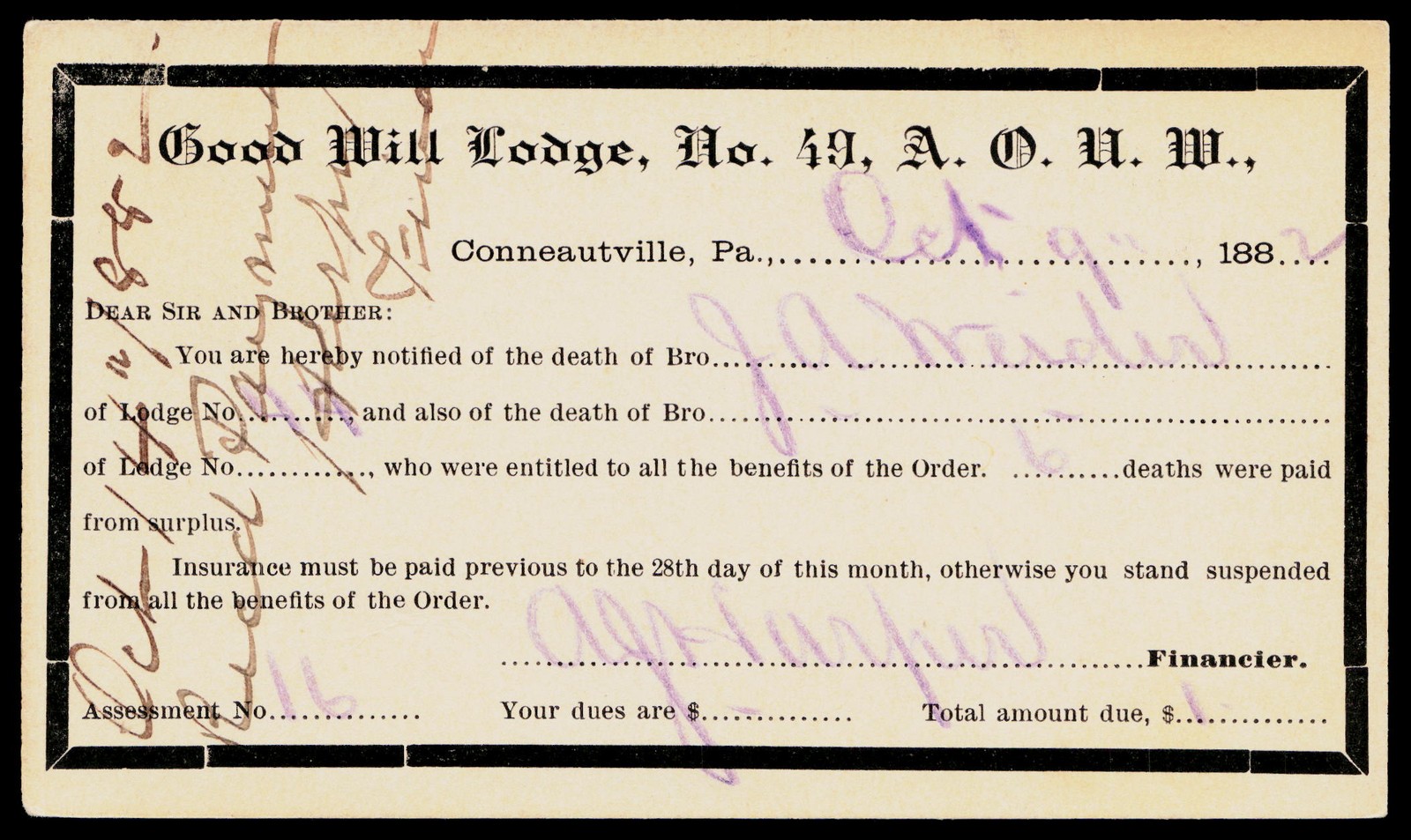 1882 Good Will Lodge 49 AOUW Conneautville PA Victorian Mourning Postal Card