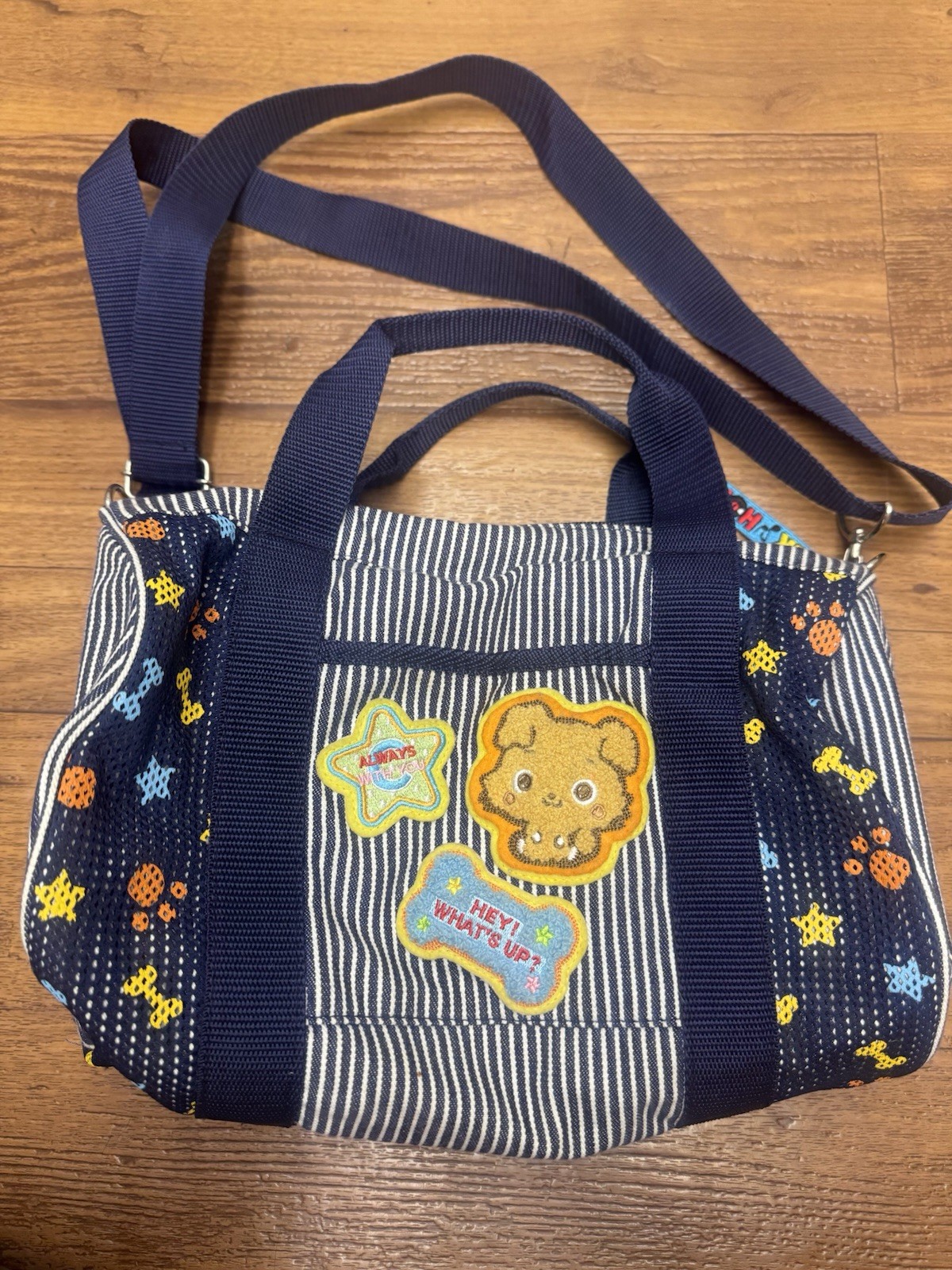 Rare vintage 2003 Sanrio Chibimaru blue-and-white striped handbag embroidered