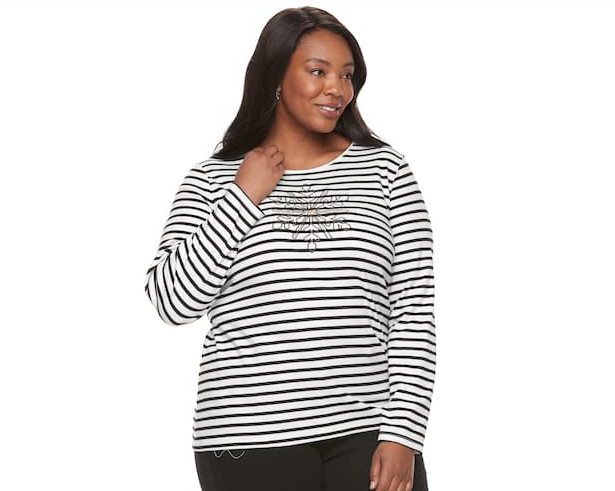 Plus Size Holiday Spirit Snowflake Tee, Black/White Stripe, Size: 1X ()
