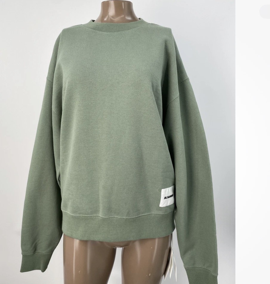 Jil Sander Womens Sweatshirt Dark Sage Green Size M Logo Patch Cotton Crewneck