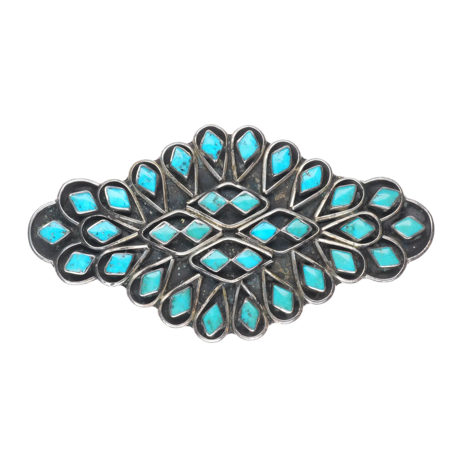 c1950\'s Large Zuni sterling silver turquoise channel inlay pin/brooch