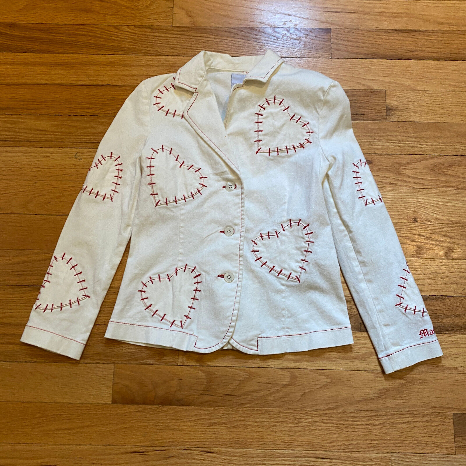 RARE Moschino Junior Sz 34 Blazer Jacket 8/9 Girls White Stitched Hearts Read*