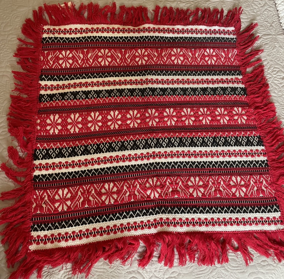 2 Vintage Traditional Hand Woven Hungarian Folk Art Red Fringed Table Toppers