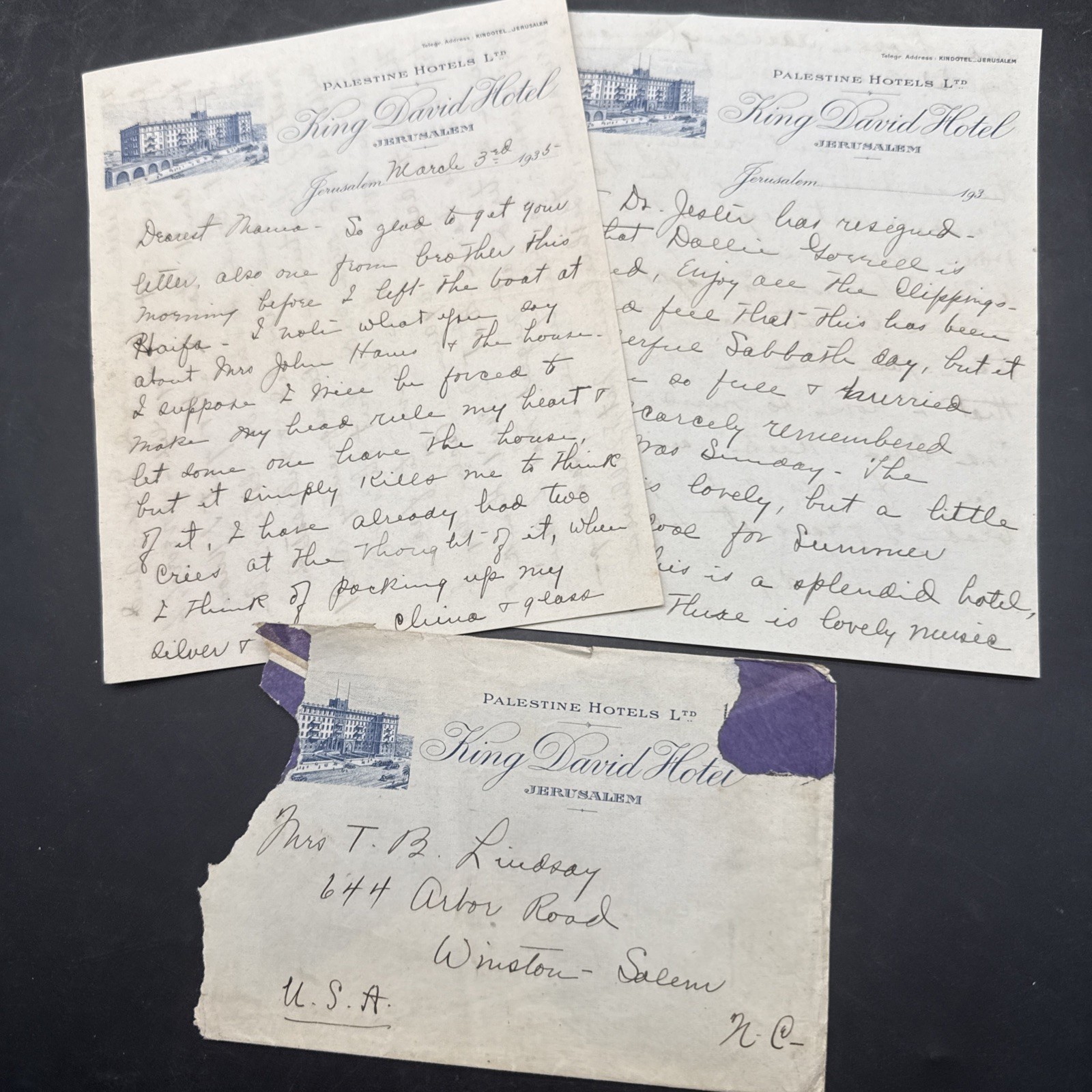 1935 RARE King David Hotel Jerusalem Palestine 2 page letter stationary envelope