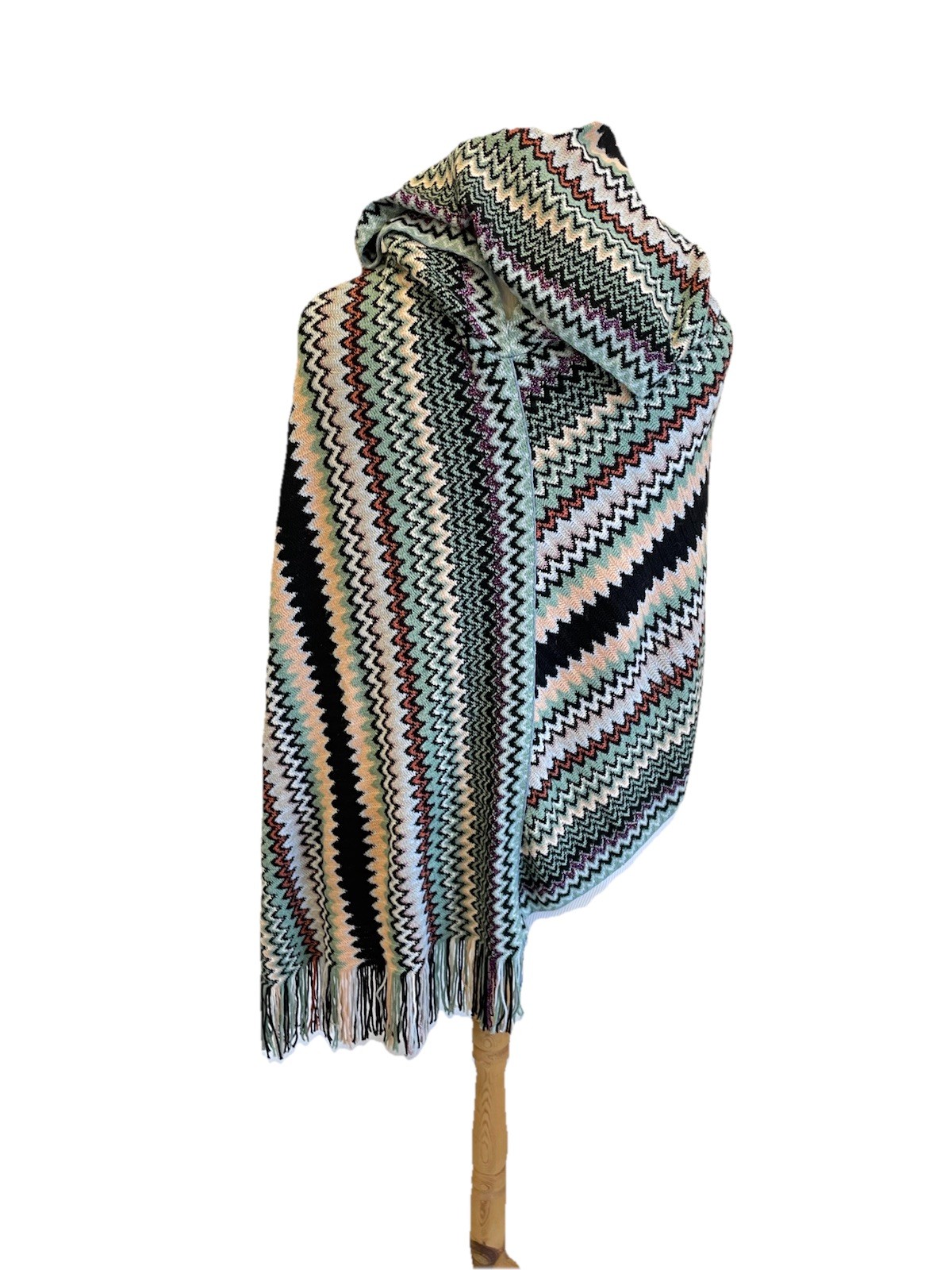 S9# MISSONI Zigzag Chevron Knit Scarf Snood Hood Lurex Wool Blend Mint Multi
