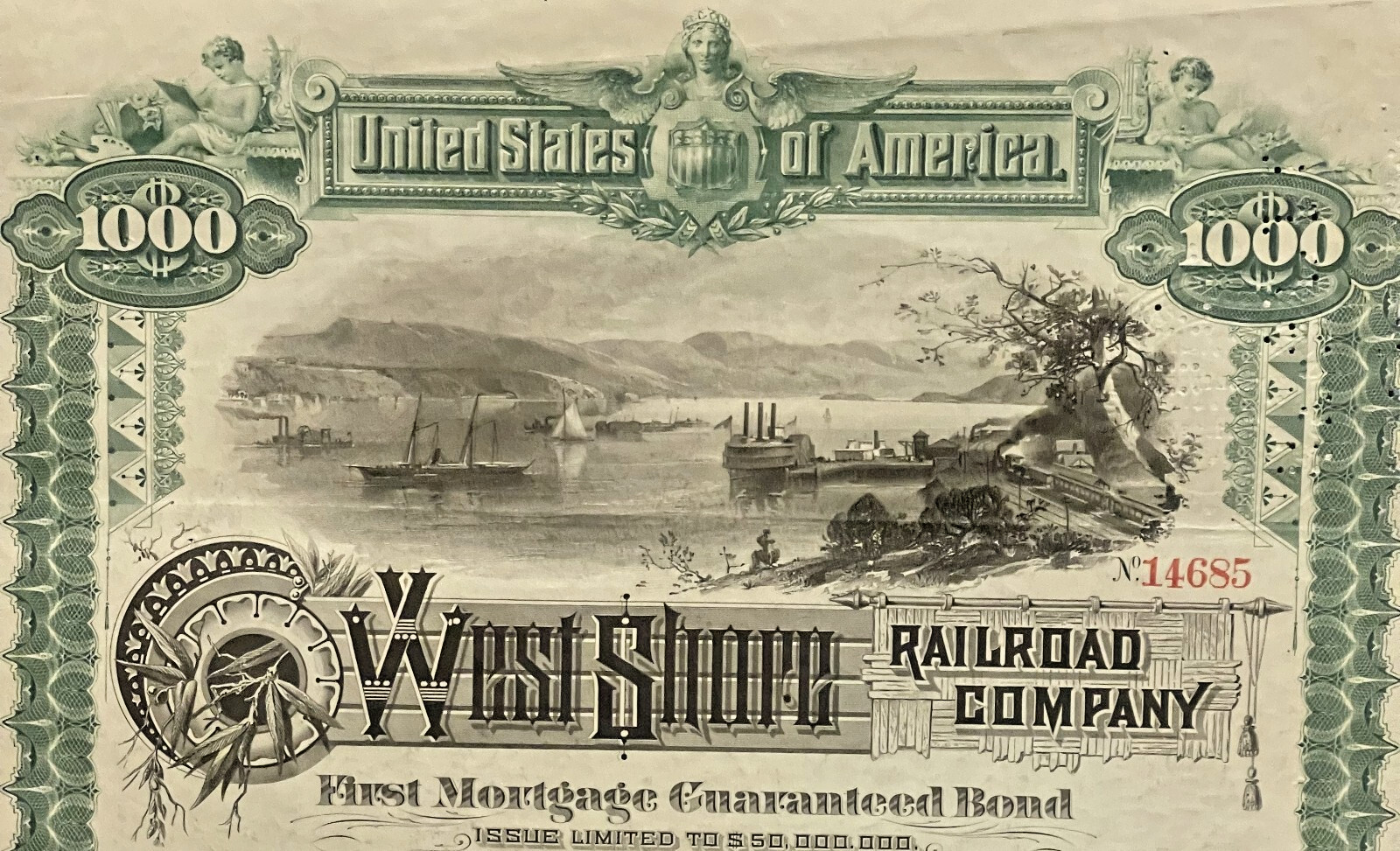 Antique 1885 West Shore Railroad $1,000 Gold Bond 🛤️ Certificate w/ Coupons