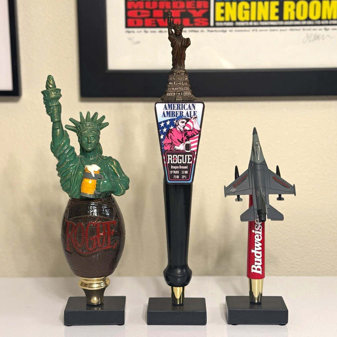 RARE Budweiser Fighter Jet & 2 Rogue Statue of Liberty Beer Tap Handles 