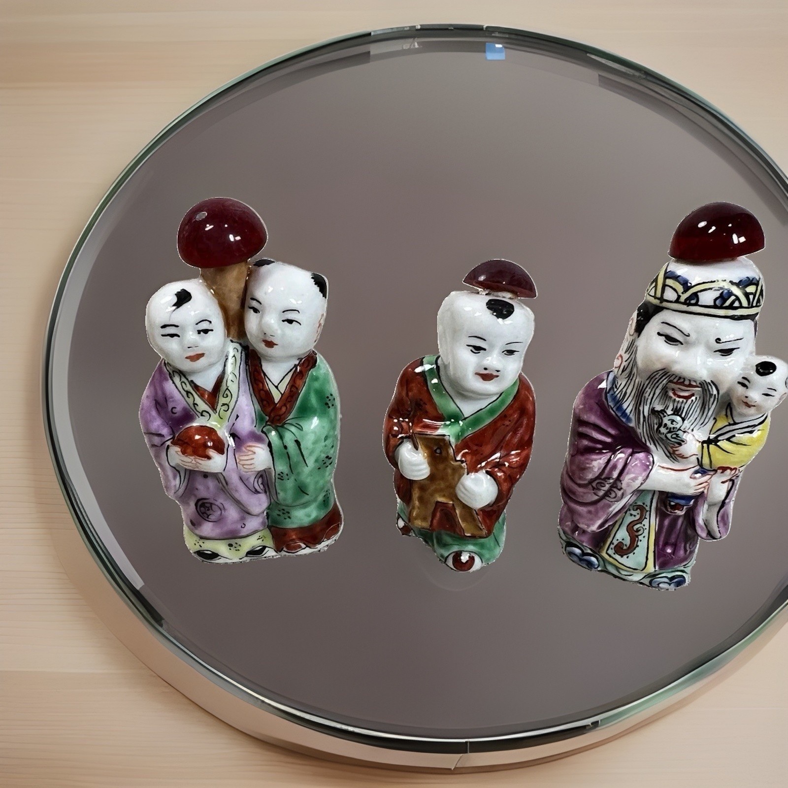 Lot 3 VTG Chinese Porcelain Snuff Bottles Shou Lao Figural Famille Rose READ