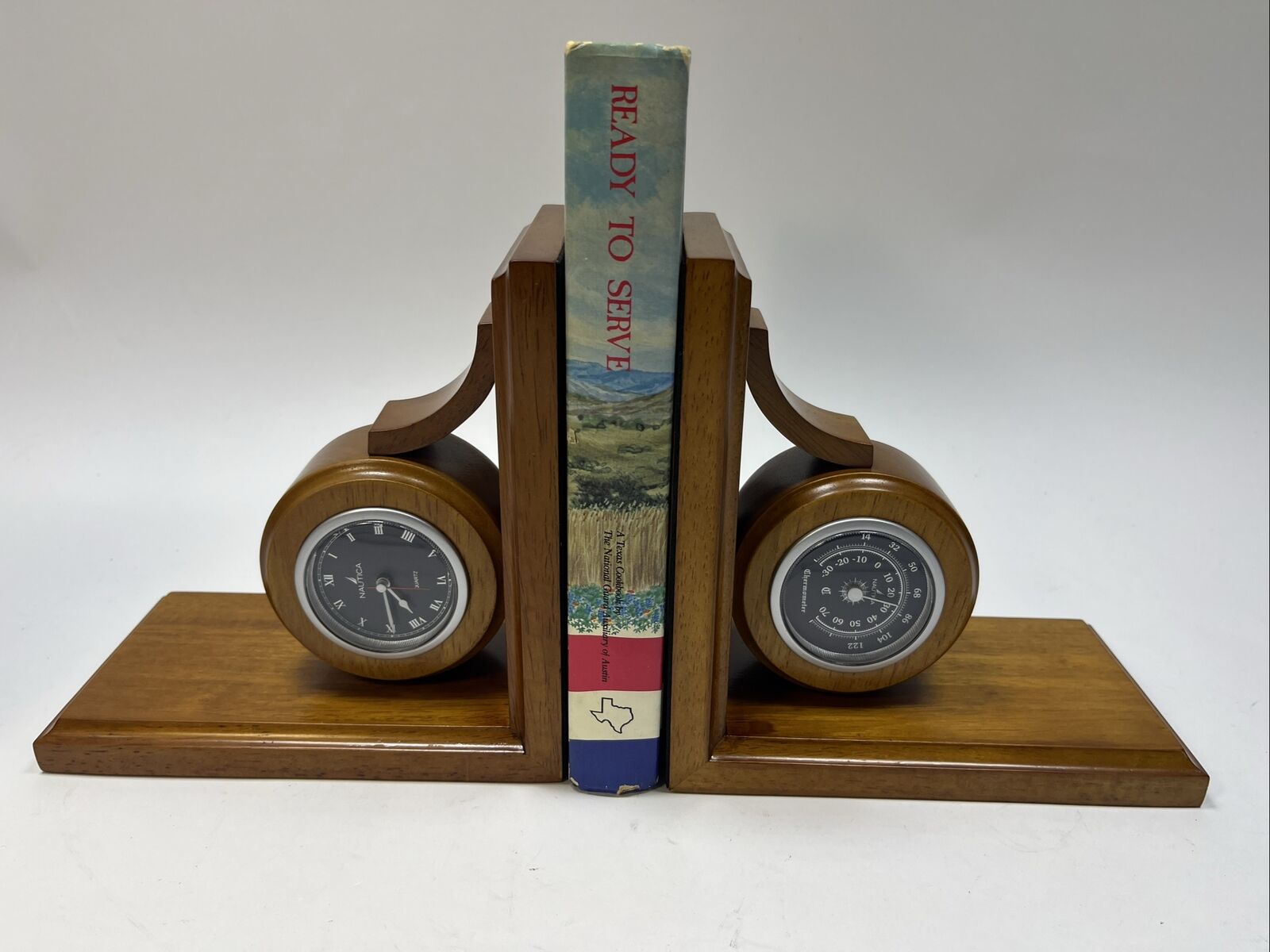 RARE NAUTICA CLOCK & THERMOMETER PAIR OF WOODEN BOOKENDS