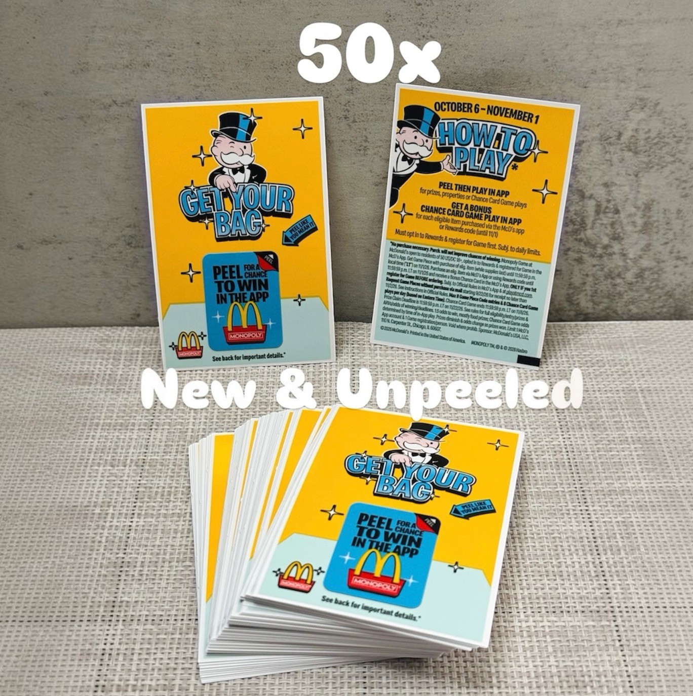 McDonald's Monopoly Play-to-Win 50x UnPeeled - 50  NEW Unpeeled 2026 - Genuine
