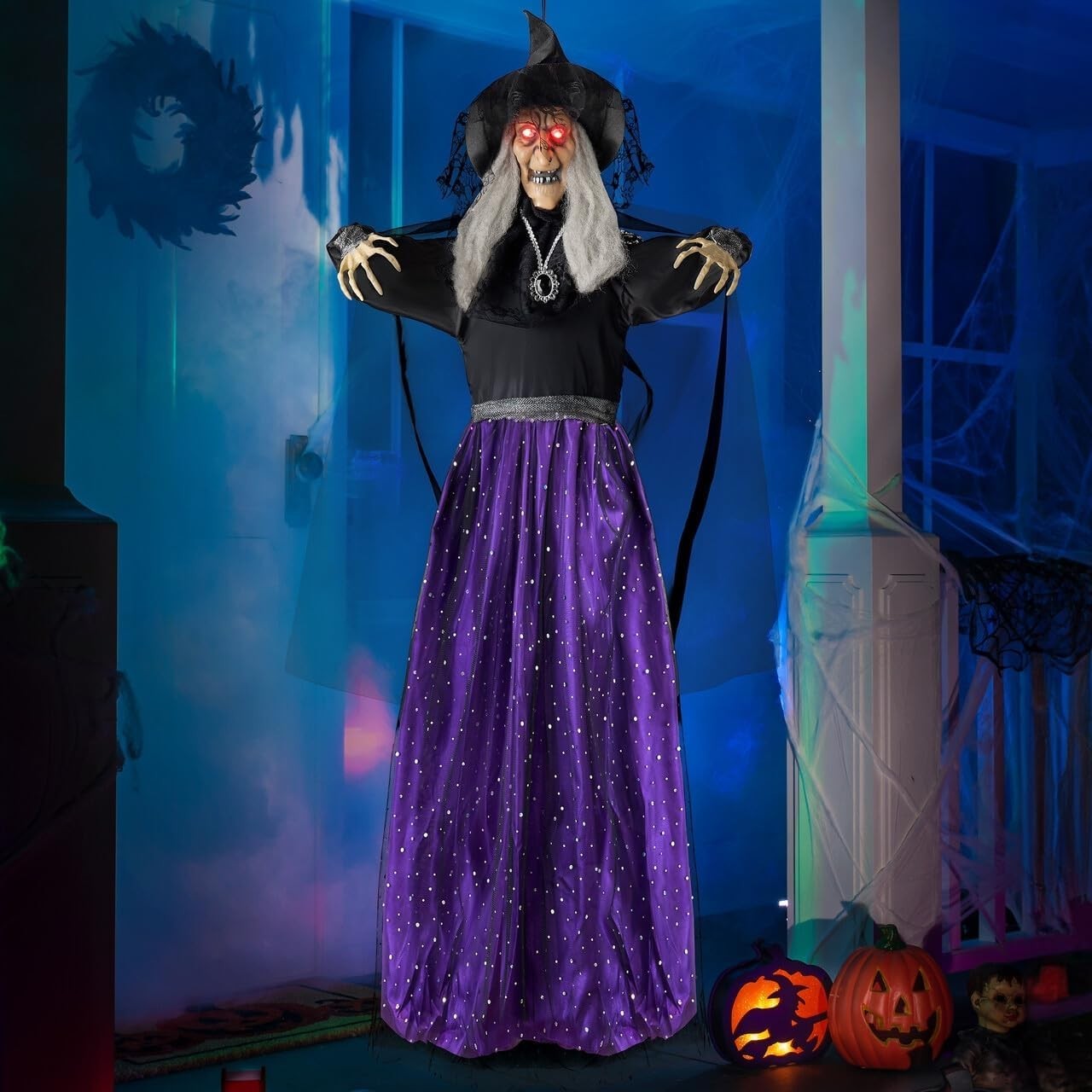 47” Animated Witch Halloween Decorations Outdoor Indoor, Scary Halloween Animatr