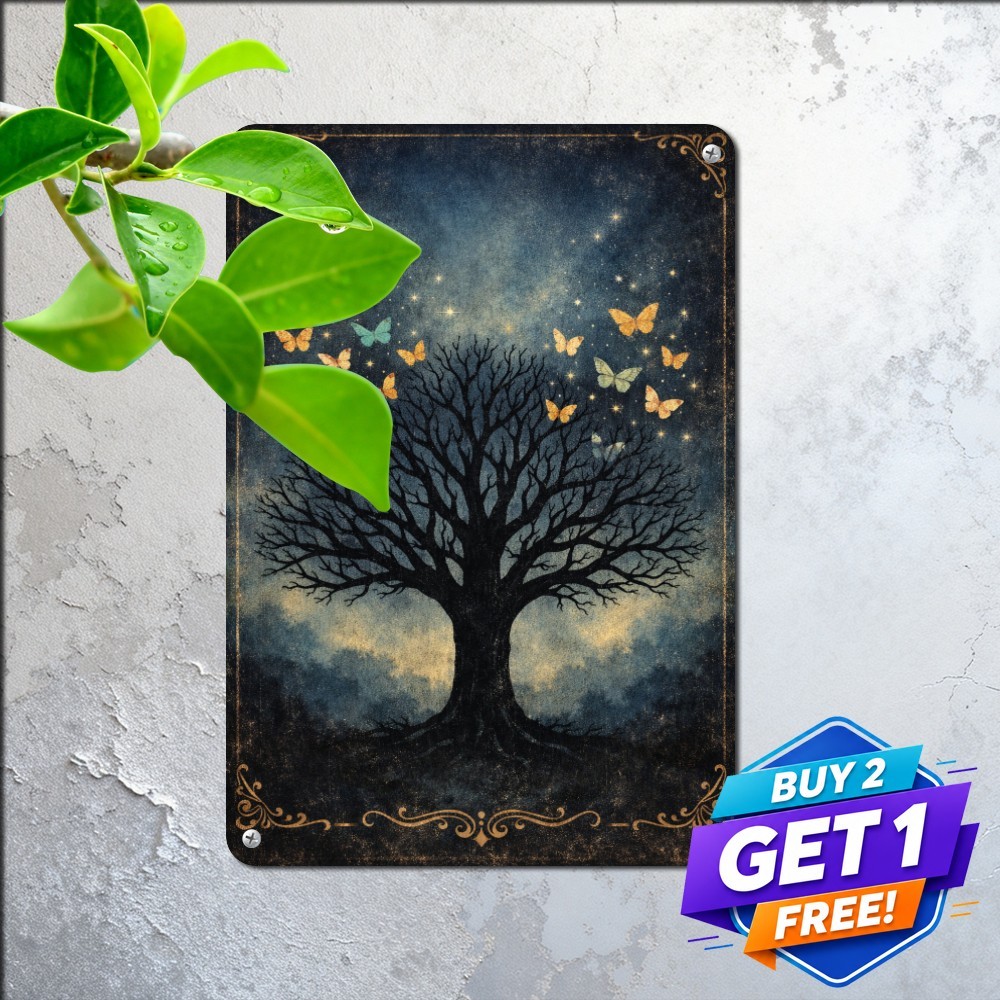 Enchanting Butterfly Tree Night Sky Sign Vintage Celestial Metal Tin Plaque