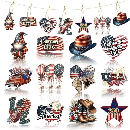 4th of July Wooden Ornaments - 12 Pcs US Patriotic Hanging 4th of July-2