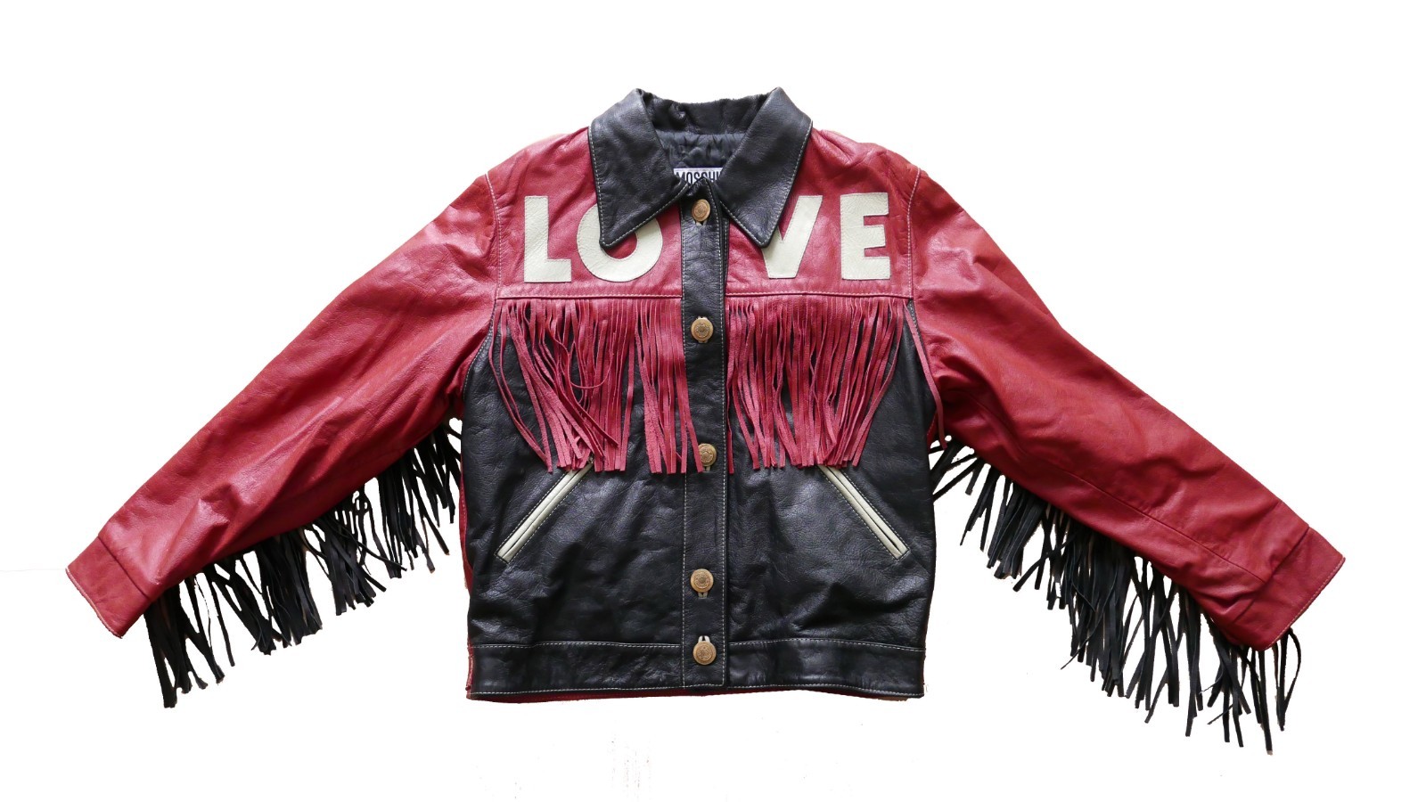 Moschino Love Red Black Leather fringes jacket Cowboy Biker Punk Style 1990s 90s