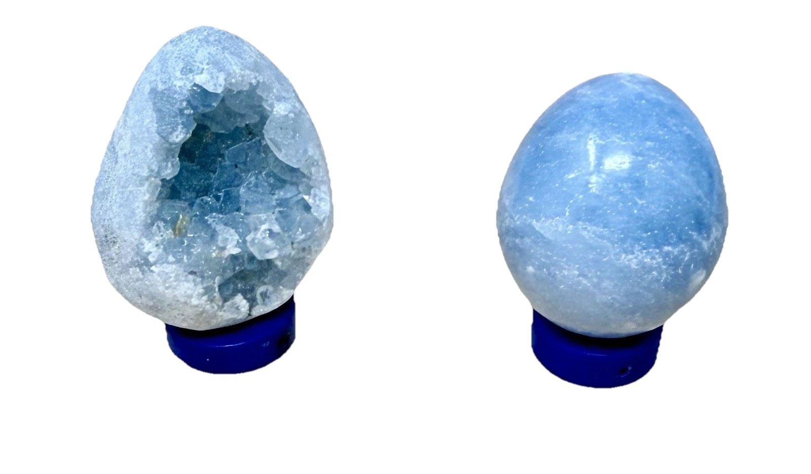 2 Pretty Blue Crystal Egg Carvings Druzy Celestite & Blue Calcite With Holders