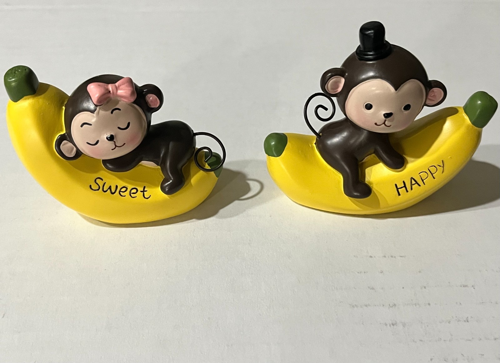 Cute Monkey Banana Figurines – ‘Happy’ & ‘Sweet’ – Dashboard / Desk Décor – Box