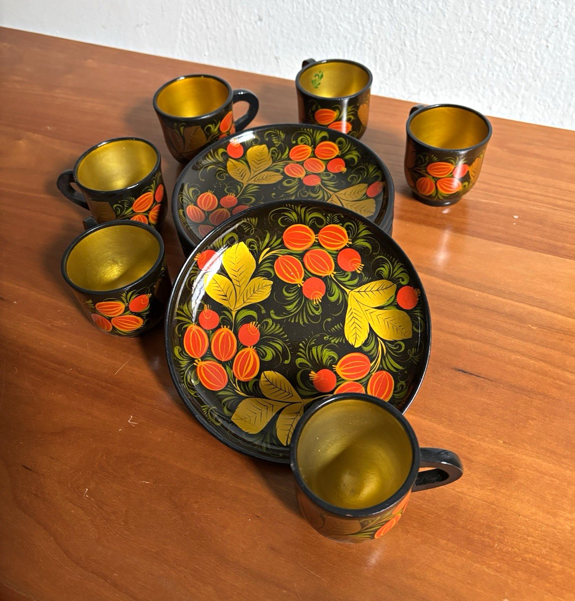 Lipetskie Uzory hand-painted wooden Coffee Cups & Plates Set, Service for 6