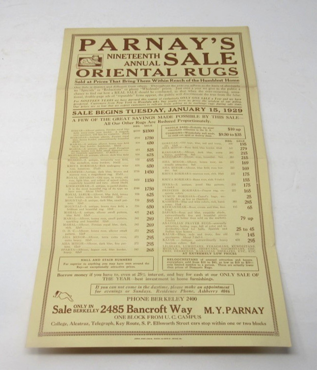 1929 Armenian Oriental Rug Store Berkeley CA Advertising Poster ORIG Broadside
