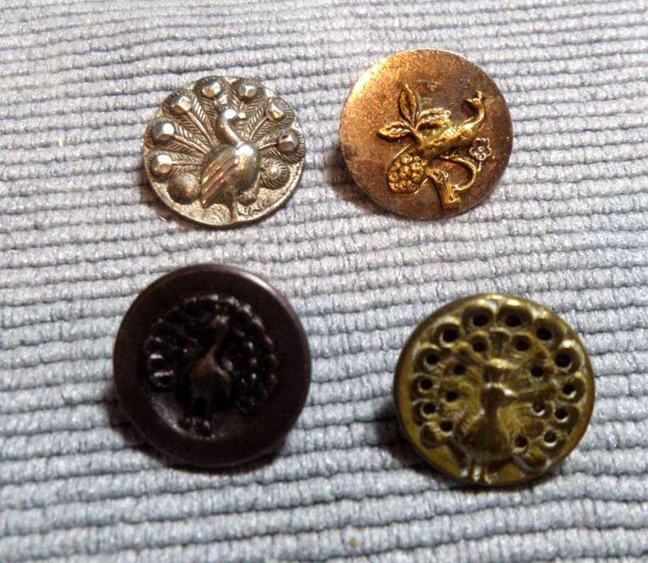 4 Vintage Antique Metal Picture Buttons PEACOCK BIRD