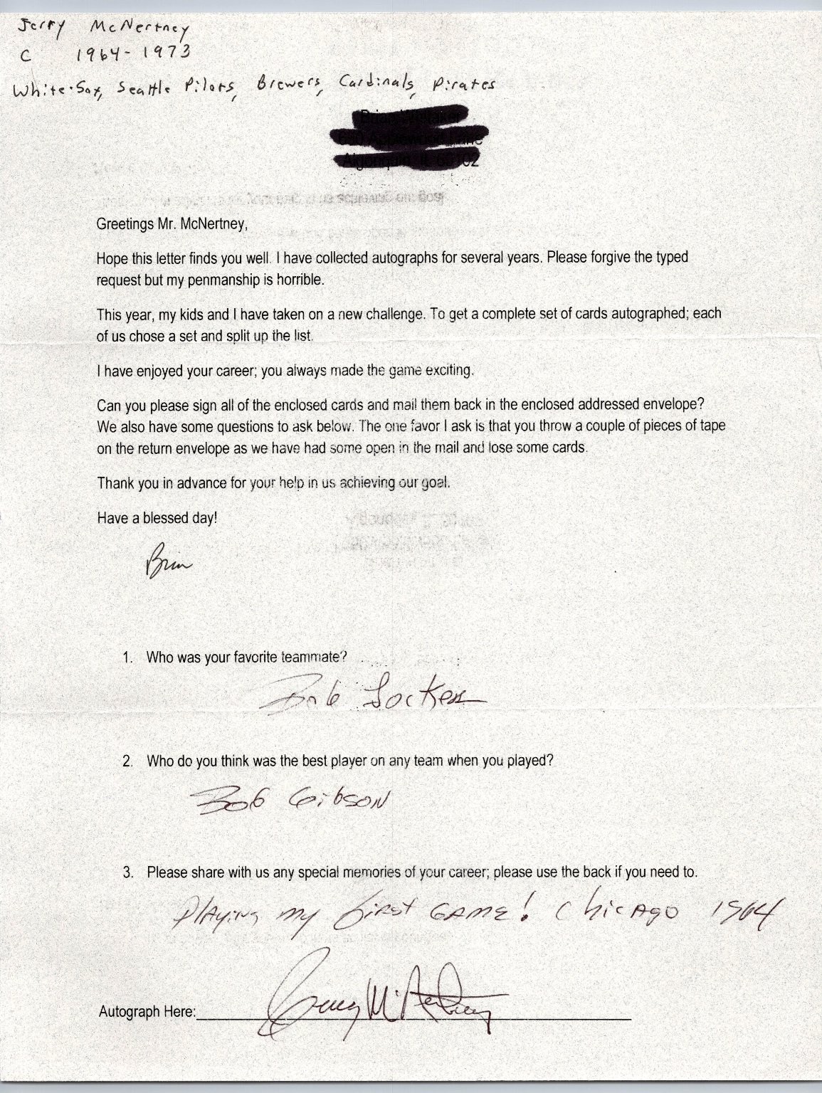 Jerry McNertney Autographed Letter Handwritten Answers Baseball HOFers