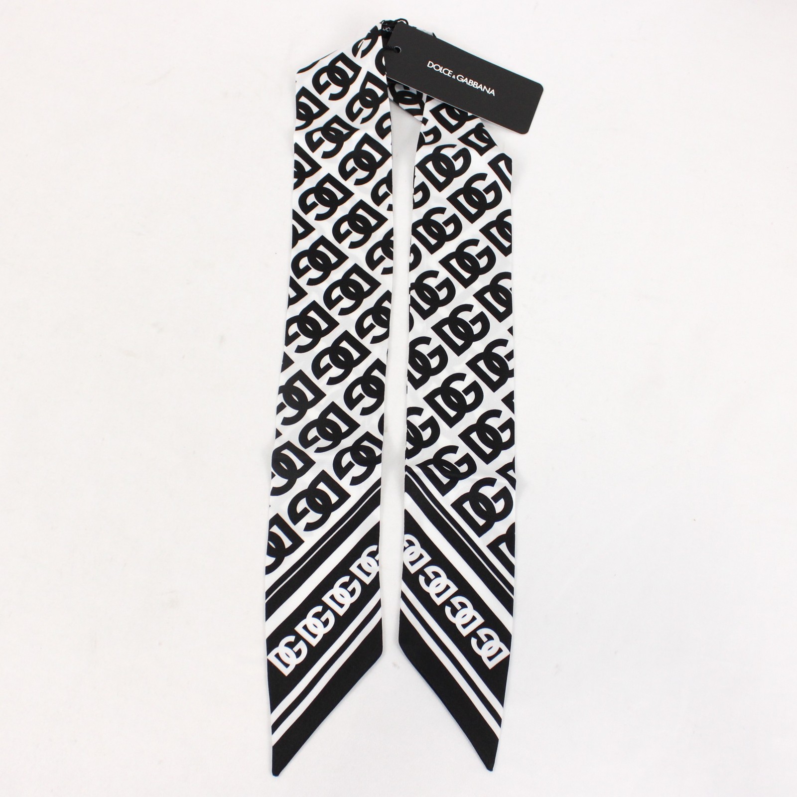 Dolce & Gabbana STAFF Uniform DG Print Skinny Scarf/Bandeau In Black & White