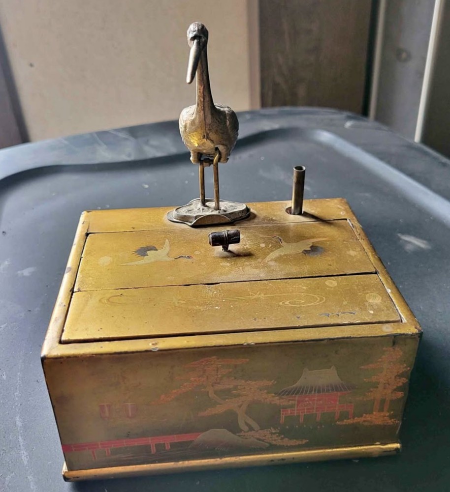 Karakuri Tobacco Container Puzzle Box Rare Item Crane Hold in Mouth from Japan