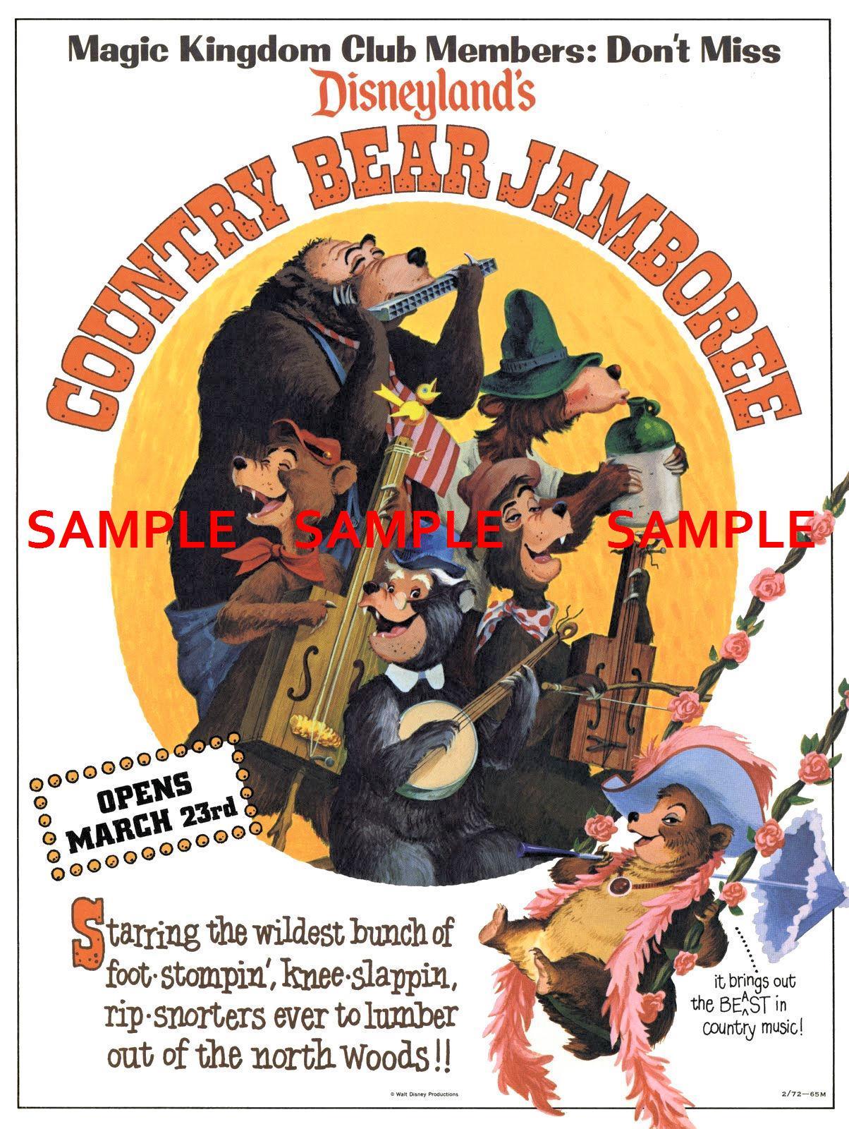 1972 Disneyland Country Bear Jamboree Magic Kingdom Club 11 x 17 Poster