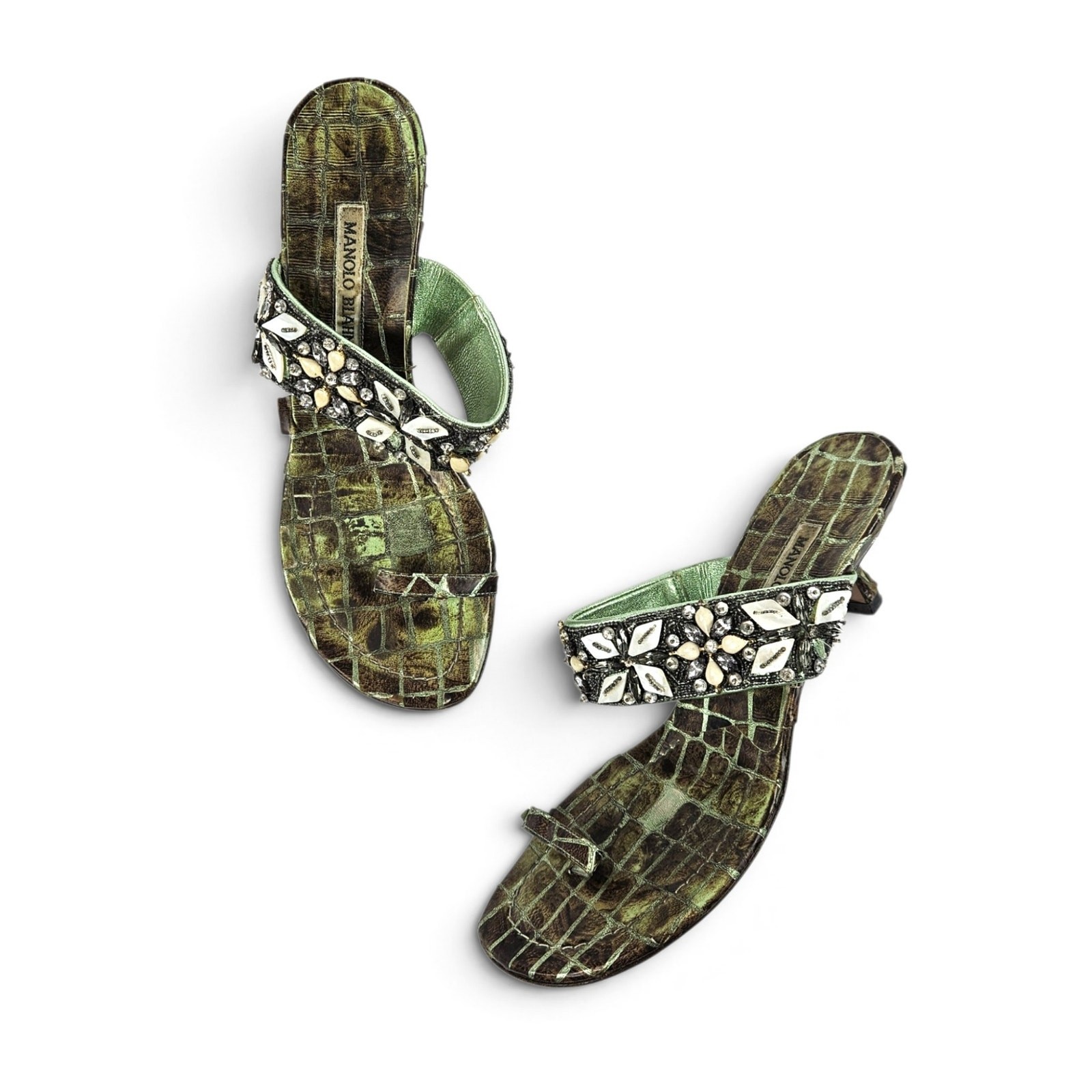 Vintage Manolo Blahnik Kitten Heels Croc Embossed Beaded Toe-Loop - Size 37 (7)