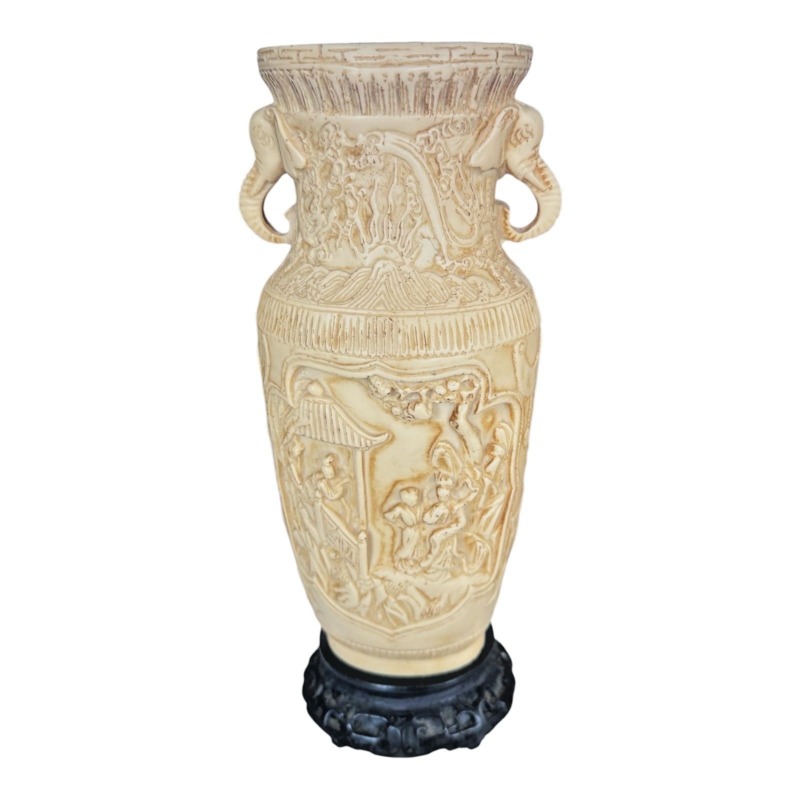Vintage Asian Chinese Molded Composition Urn Vase with Elephant Handles