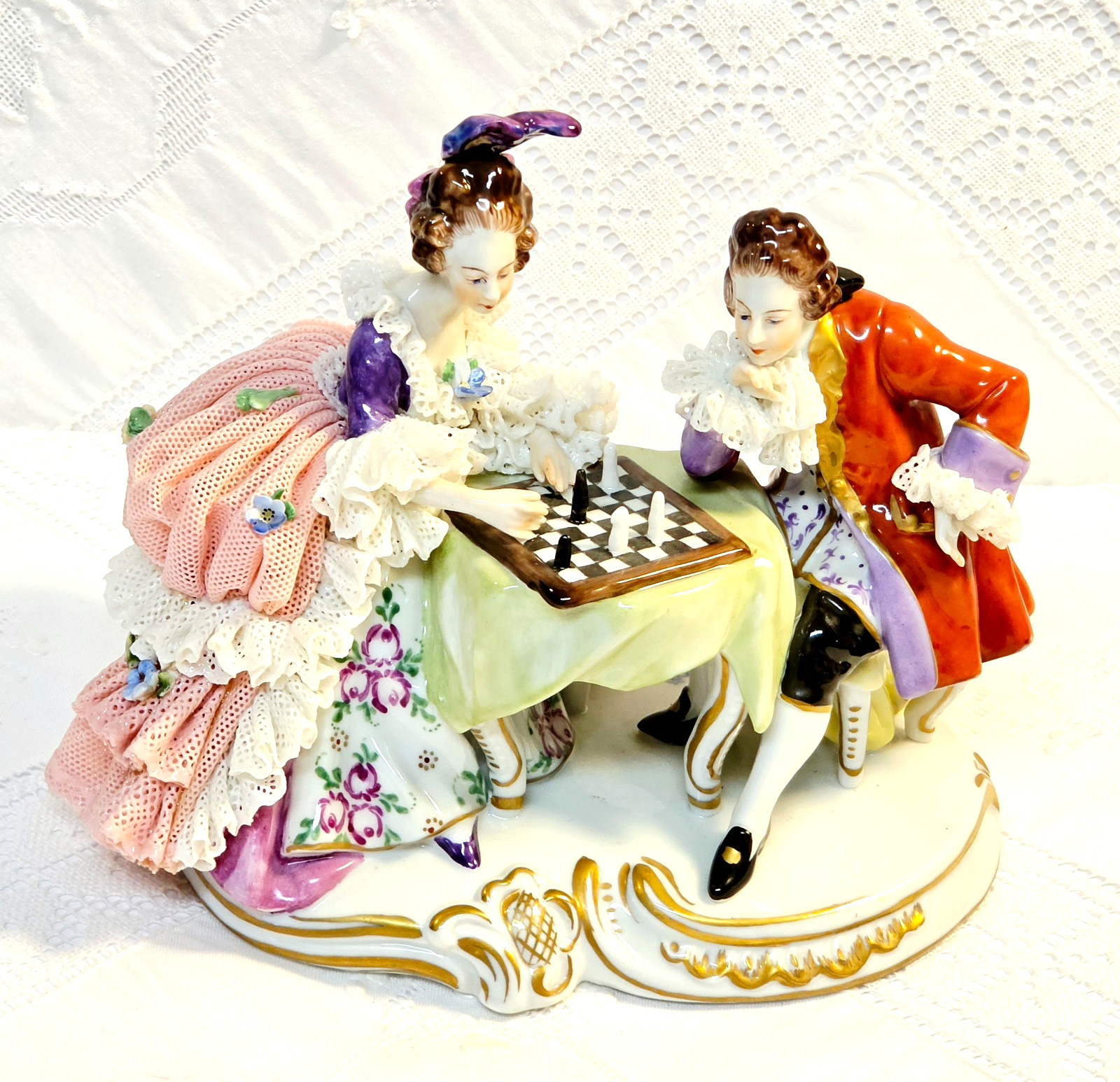 #4 Figurine Antique German Dresden Lace Man and Woman Playing Chess