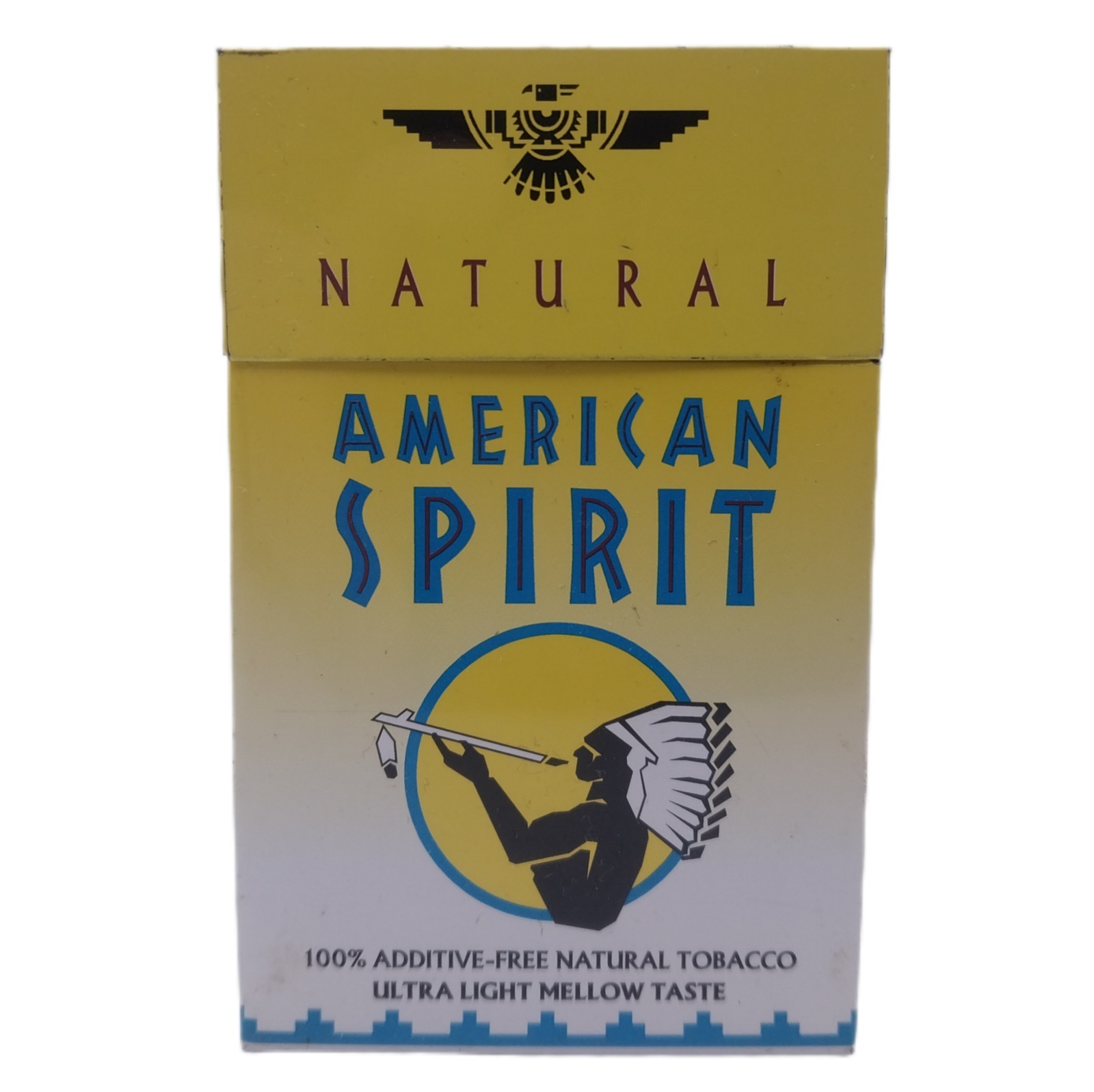 Vintage AMERICAN SPIRIT Yellow Tin Cigarette Box Native American Logo RARE