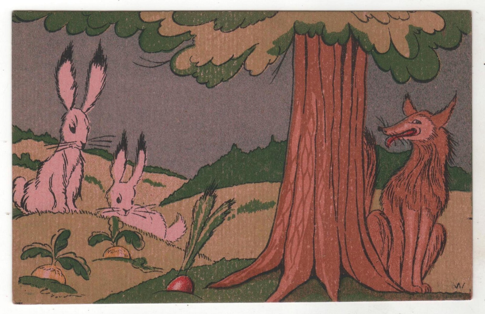 Antique Postcard FOX BUNNY Hand Drawn Colored Fabulous lithography Russian Old