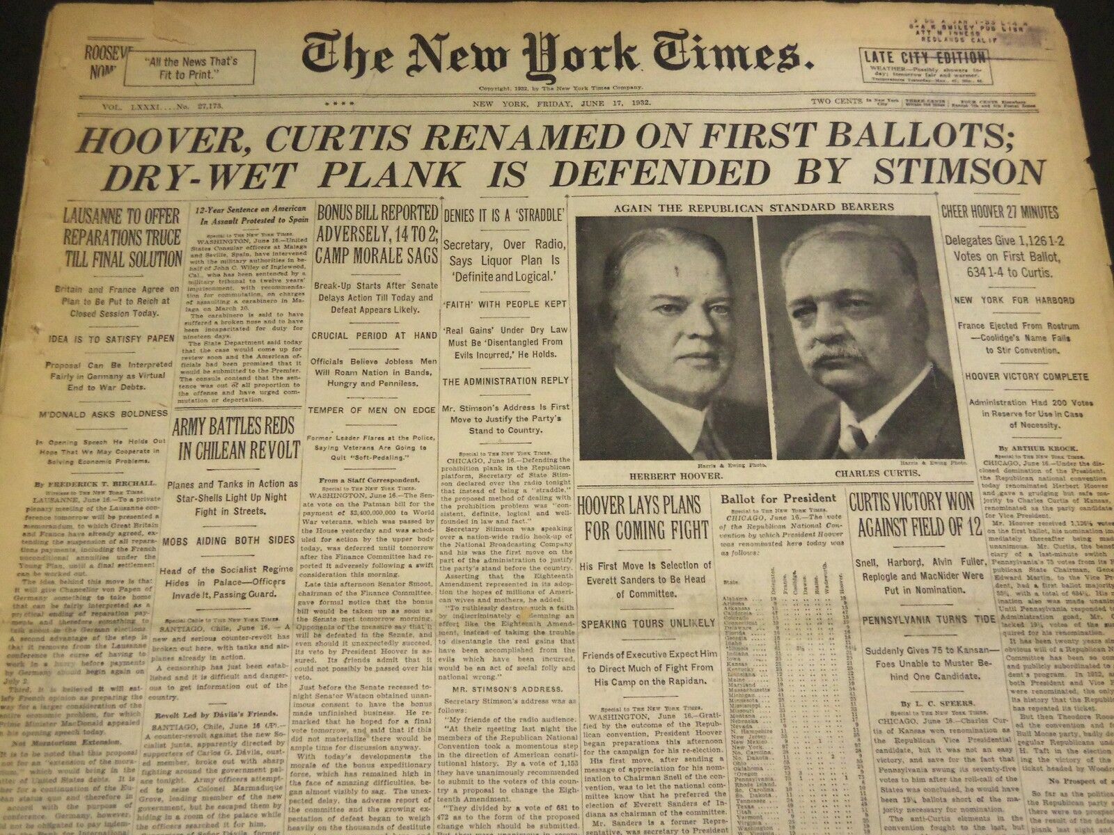 1932 JUNE 17 NEW YORK TIMES - HOOVER, CURTIS RENAMED ON FIRST BALLOTS - NT 4833