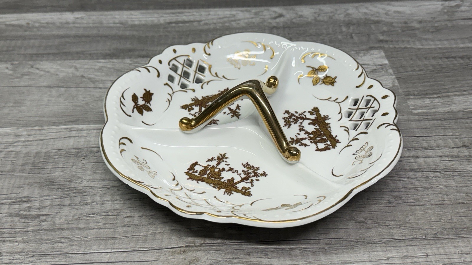 Vintage Arnart Imports Japan Center Handle Dish Reticulated Divided Gold 9 Inch