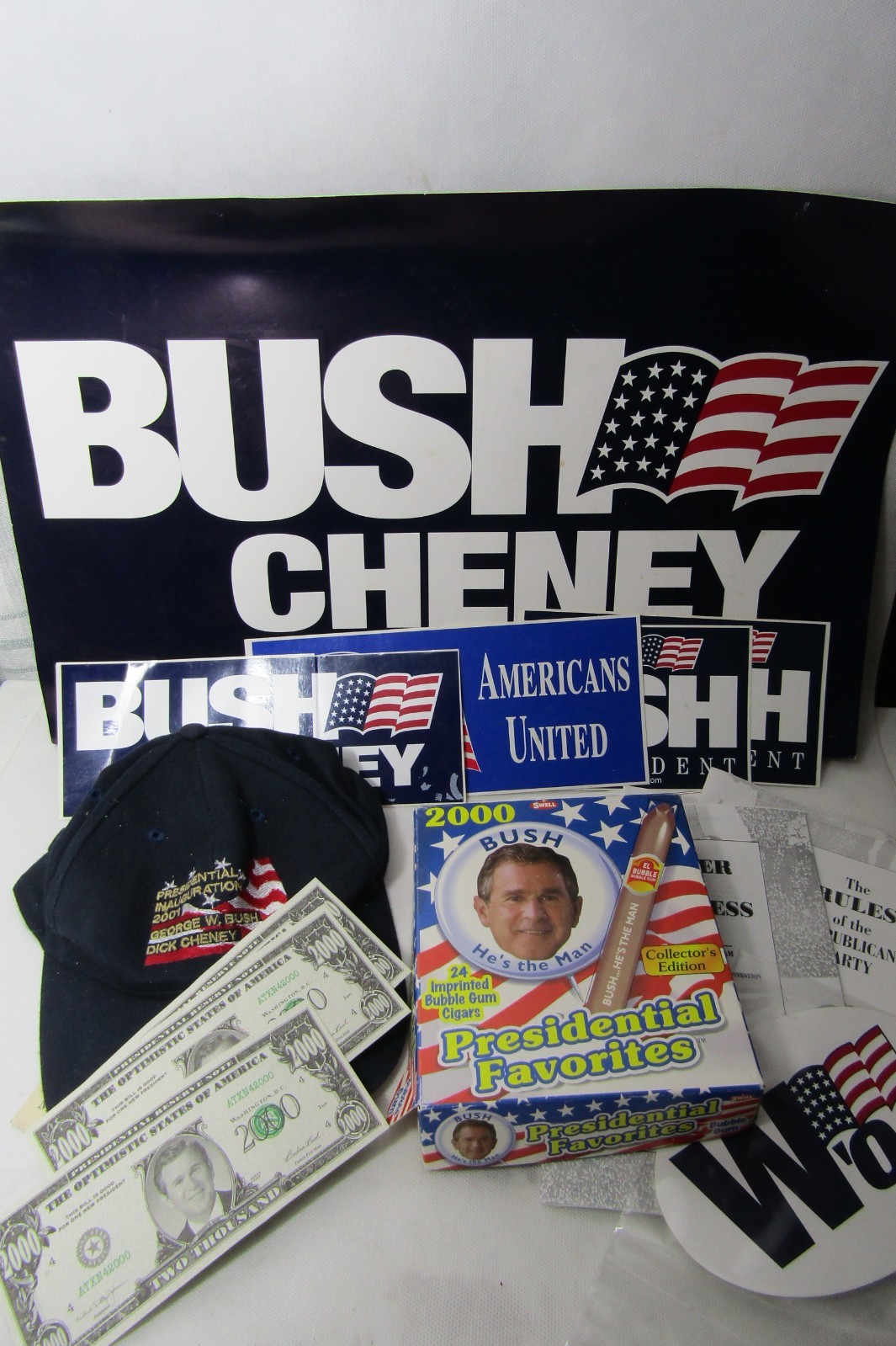 Bush Cheney Campaign Lot  Stickers,  Political Memorabilia, Hat