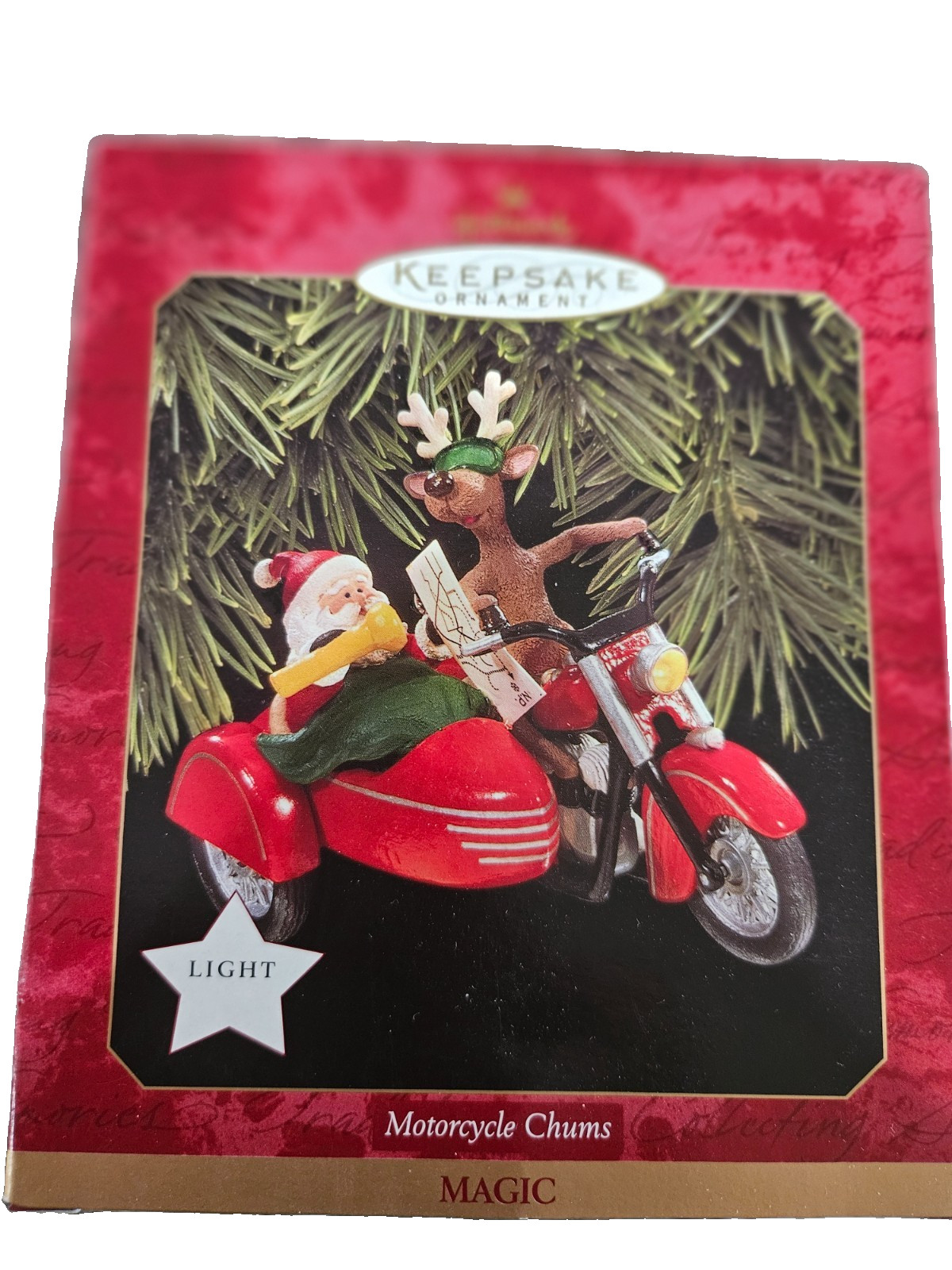 Hallmark Keepsake Magic Ornament 1997 Motorcycle Chums Santa and Reindeer