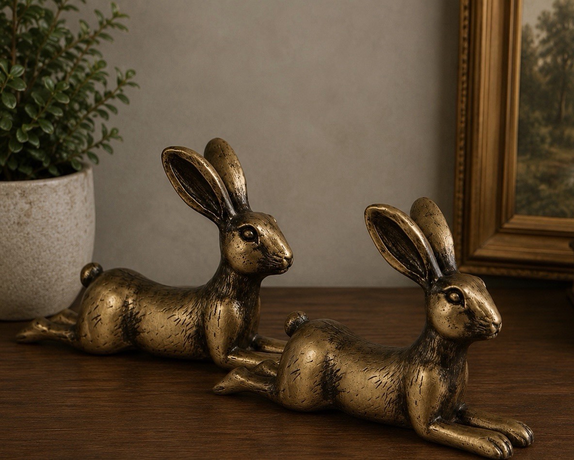 TWO Antique Gold Bunny Rabbit Bookends Vintage Style Bookends Figurines
