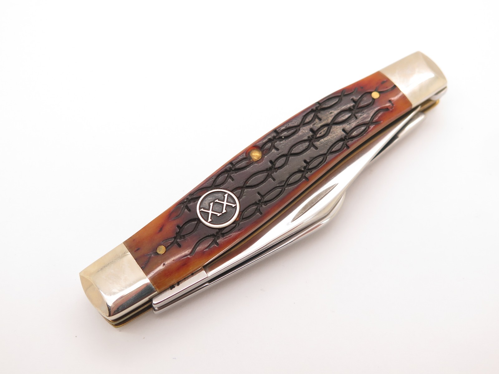2001 Case XX 6375 Stockman Amber Barbed Wire Bone Handle Folding Pocket Knife