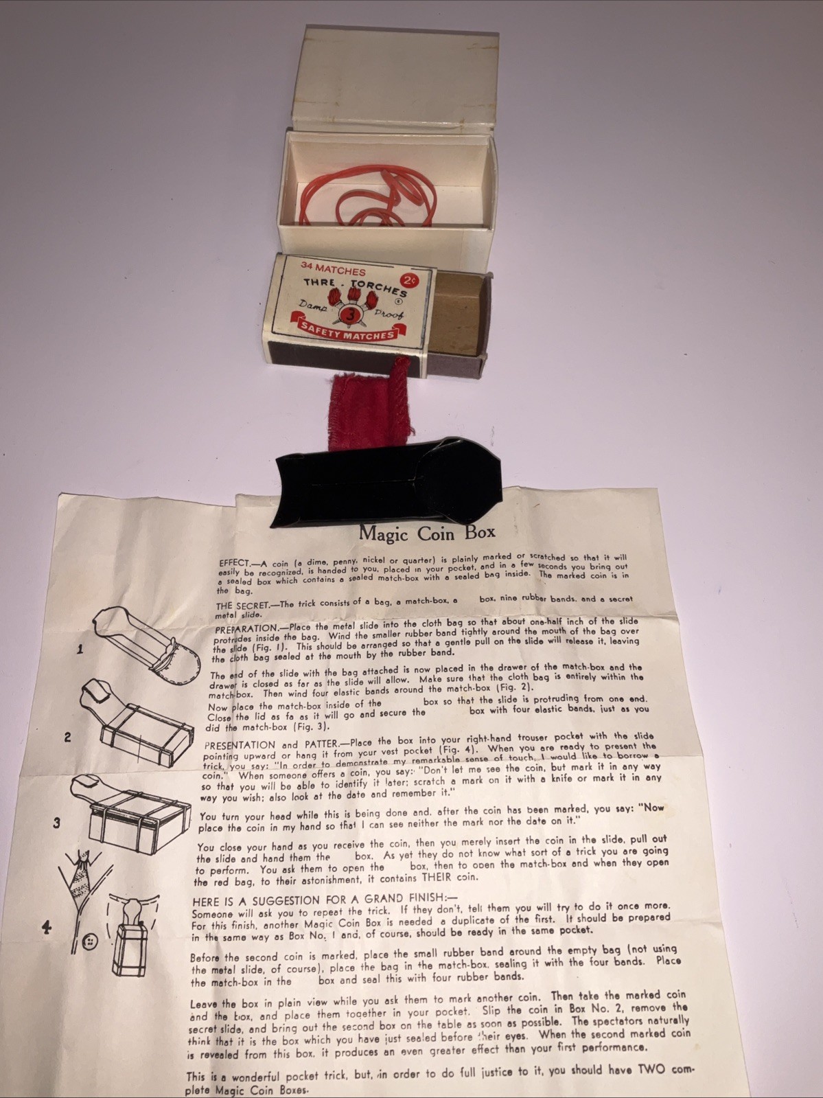 VINTAGE MAGIC COIN BOX TRICK MATCHBOX BAG SECRET SLIDE INSTRUCTIONS MAGIC PROP