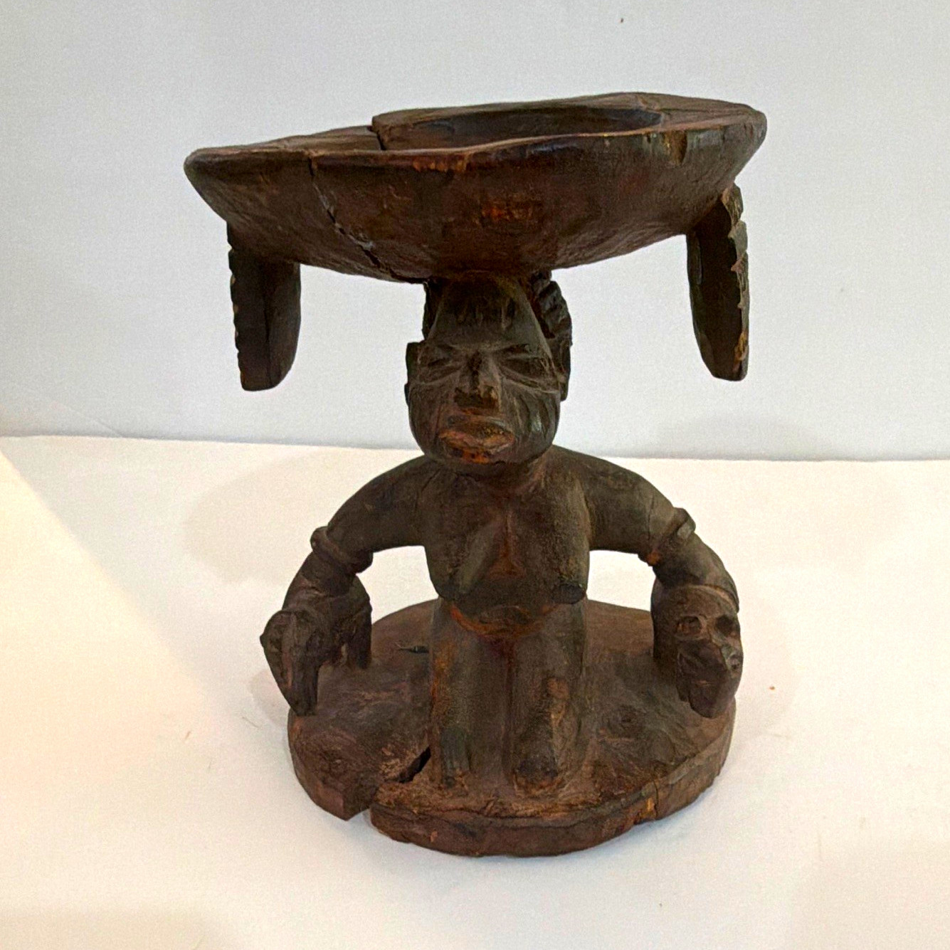 Antique African caryatid prestige stool-hand carved tribal female