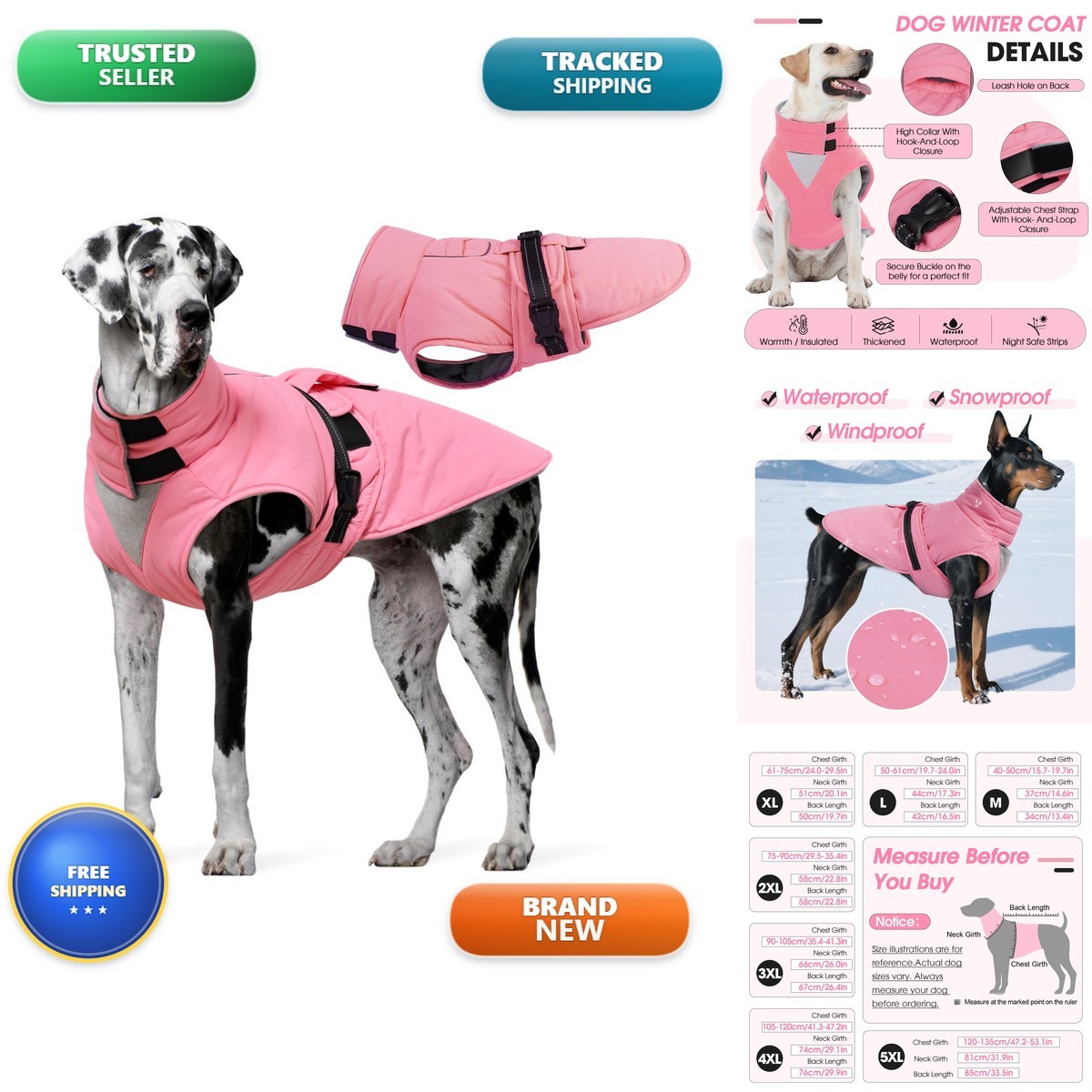 OUOBOB Dog Winter Coat Waterproof Pink XXXXL for Medium Large Dogs