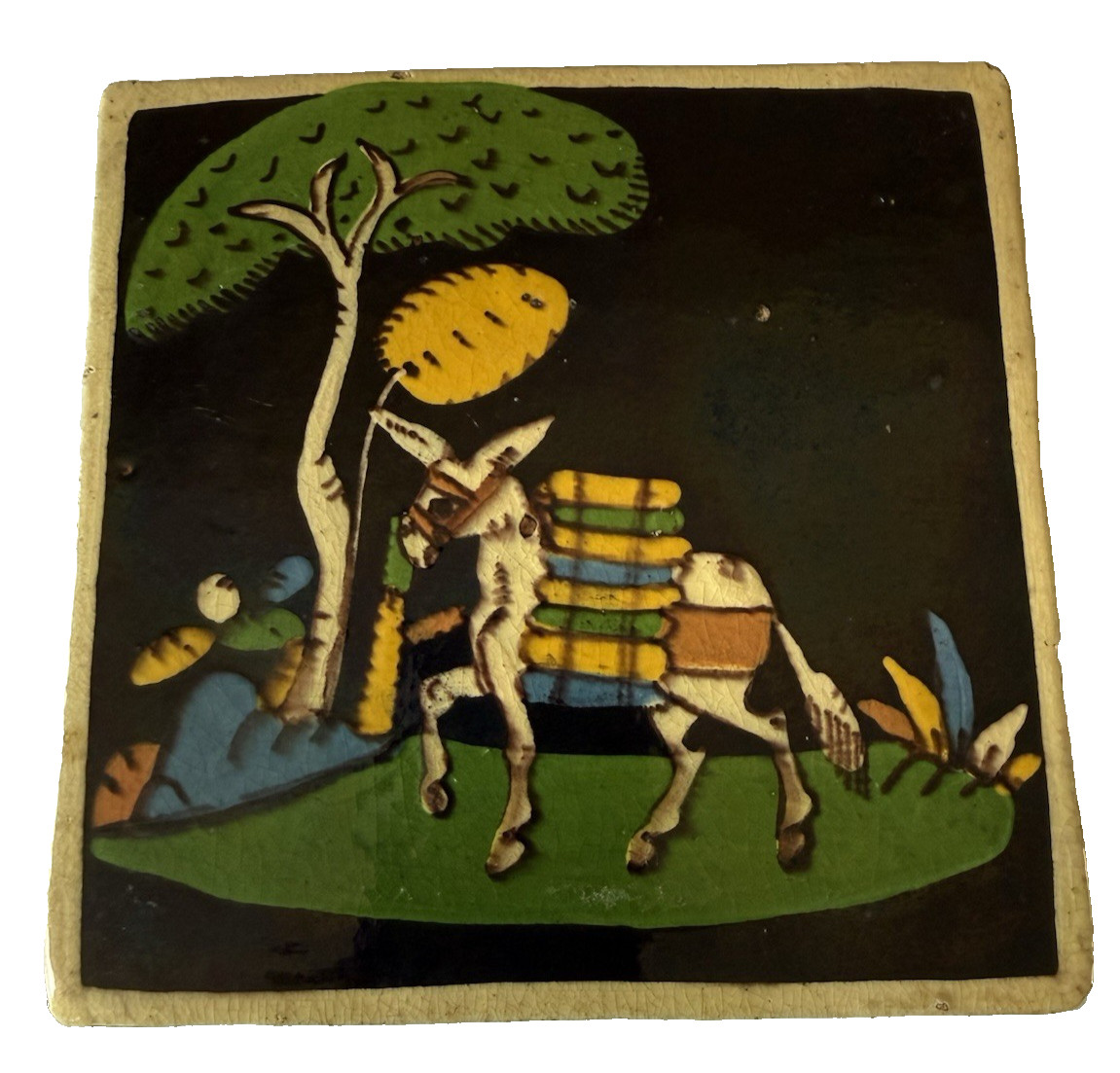 1930s Vintage Black Mexican Folk Art Tile Trivet Laden Burro Tree 6\
