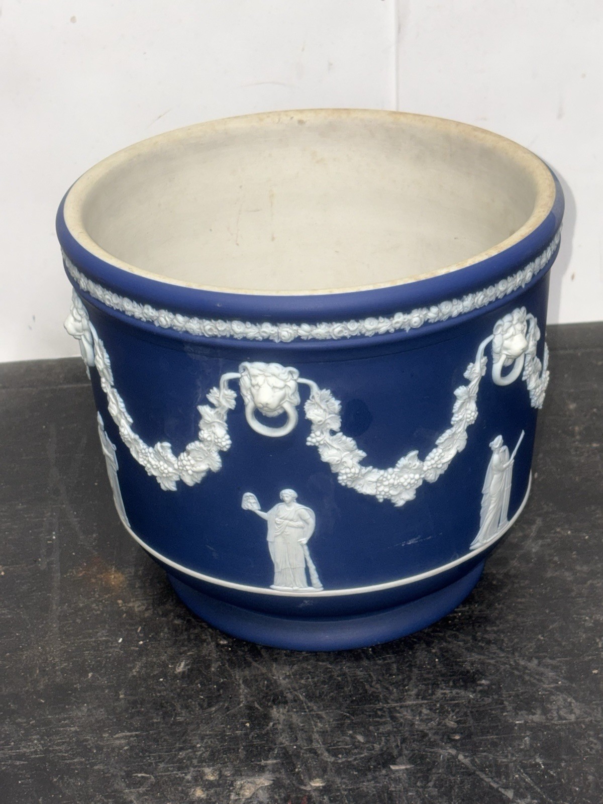 Antique Wedgwood Dark Blue Jasperware Footed Cachepot Cobalt Planter England 8x7