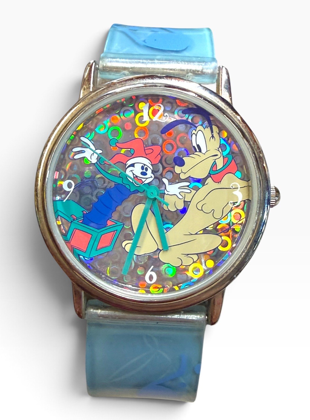 Vintage 1990s Y2K Disney Pluto Scared Jack In Box Watch New Battery Holographic 