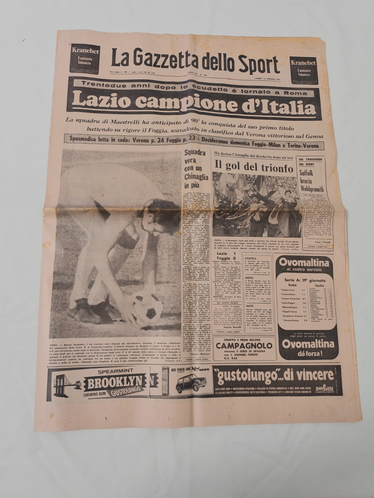 La Gazzetta dello Sport 13/05/1974 LAZIO CHAMPION OF ITALY 1973/74 original