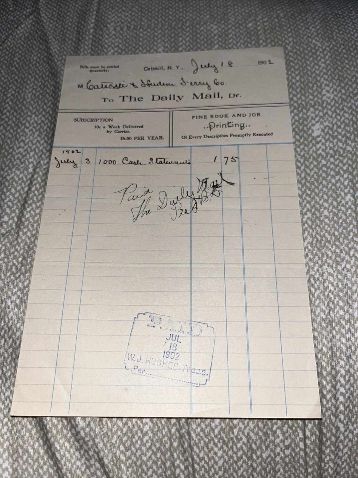 Antique 1902 The Daily Mail Invoice - Catskill NY New York - Old Paid Bill Antique 1902 The Daily Mail Invoice - Catskill NY New York - Old Paid Bill
