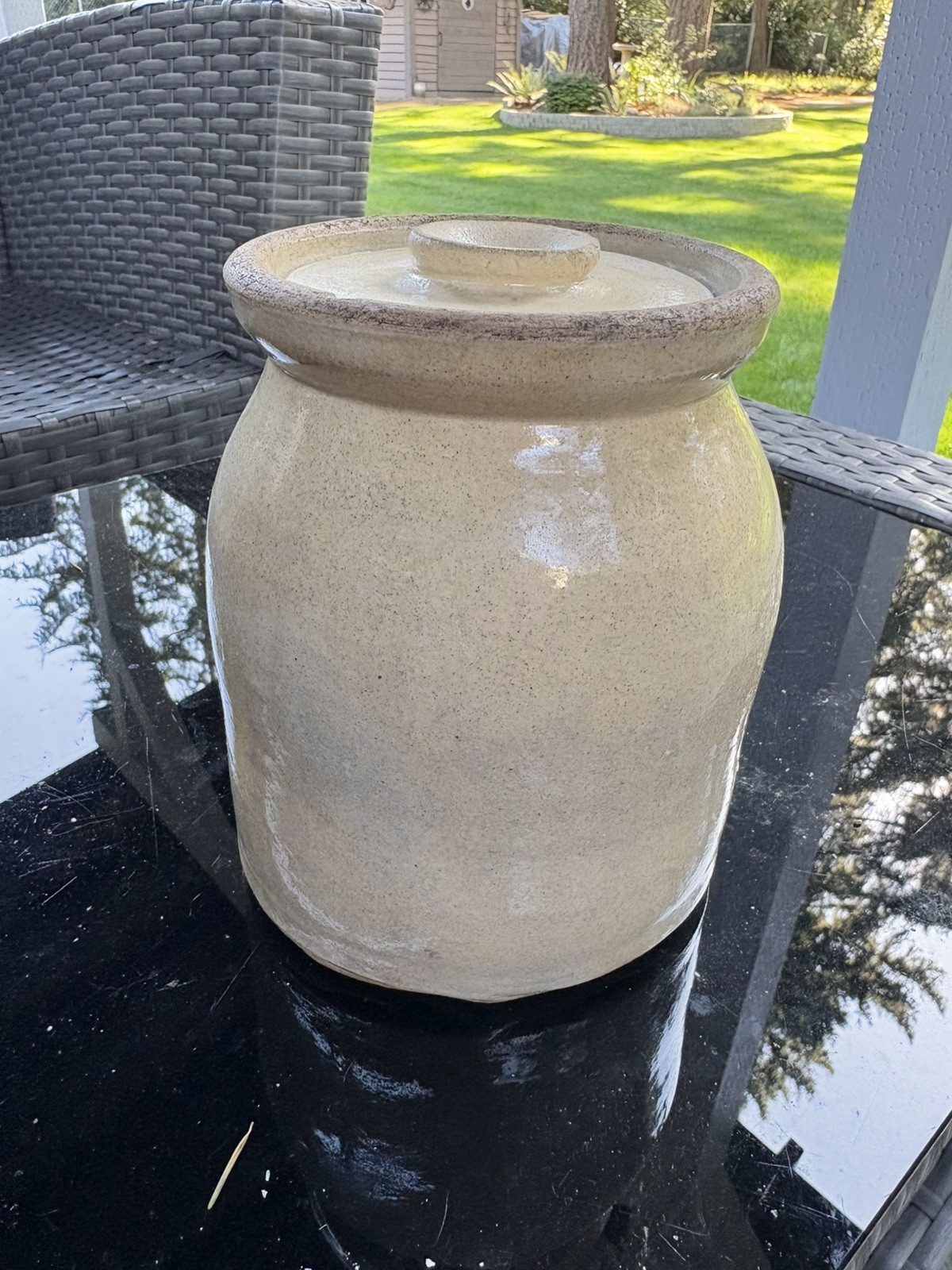 ANTIQUE VINTAGE STONEWARE CROCK wLID FARMHOUSE KITCHEN CANISTER salt glaze 1800s