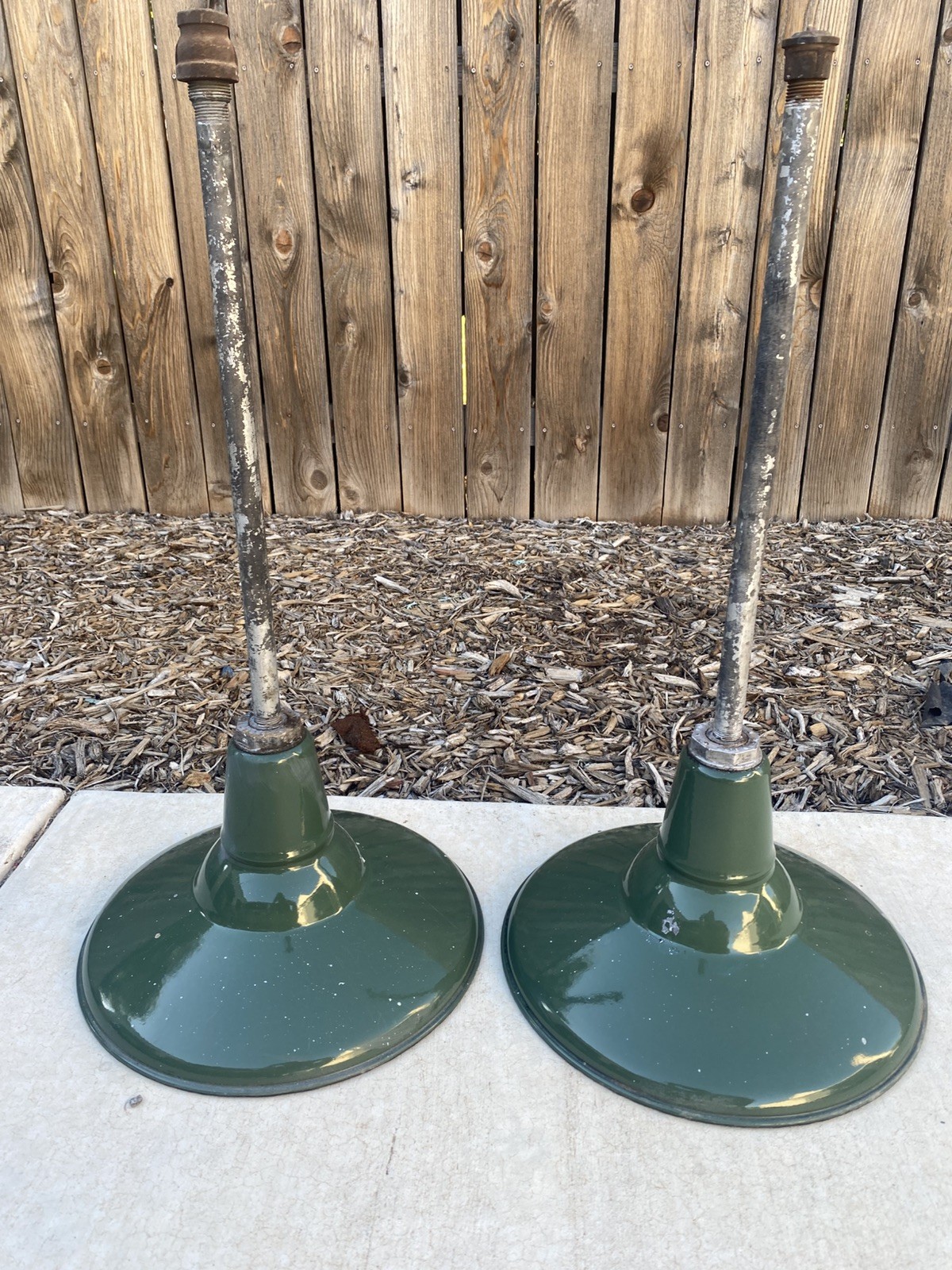 PAIR  Antique Vintage Gas Station Barn Porcelain lights old green bar Mancave