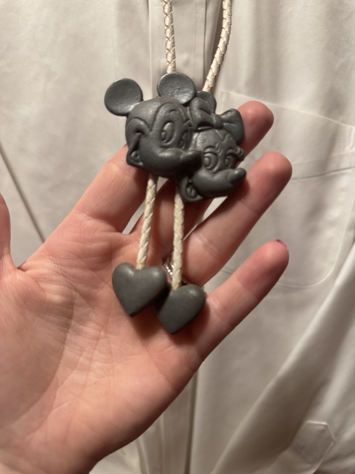 Vintage Mickey Minnie Mouse Bolo Tie Necklace Disneyland Pewter Western Hearts Vintage Mickey Minnie Mouse Bolo Tie Necklace Disneyland Pewter Western Hearts